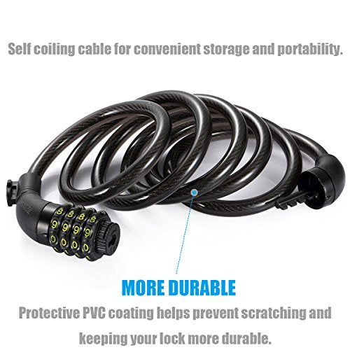 Bike Lock Cable UShake 6 Feet Bike Cable Basic Self Coiling Resettable Combination Cable Bike Locks with Complimentary Mounting Bracket 6 Feet x 1 2